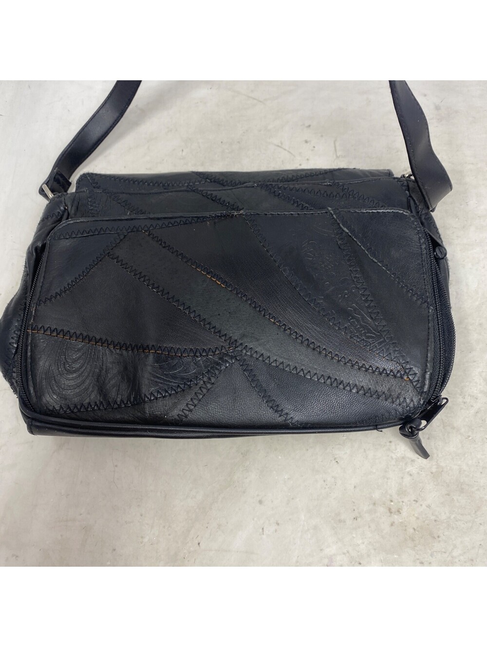 Vintage 80s 90s Patchwork Black Faux Leather Shoulder Bag Boho Organizer Y2K - Picture 6 of 9